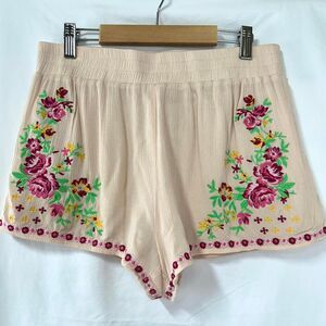 SAWYER Pink Floral‎ Embroidered Elastic Waist Pull On Shorts Womens S Boho Fairy